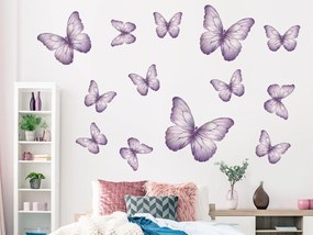 Motýle svetlo fialové 13 ks textilní prelepiteľná nálepka na stenu hárok 30 x 30 cm