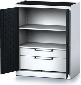 Policová dielenská skriňa 2-dverová MECHANIC, 1 polica, 2 zásuvky, 920 x 500 x 1170 mm, grafitové dvere