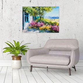 Sklenený obraz záhradky pred domom, olejomaľba (70x50 cm)