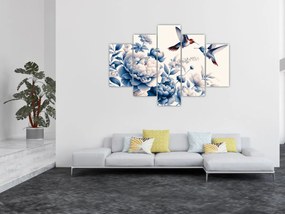 Obraz - Kolibríky nad kvetinou (150x105 cm)