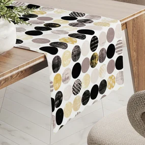 Biante Dekoračný behúň na stôl Leona LN-058 Zlaté a čierne guličky na bielom 35x140 cm