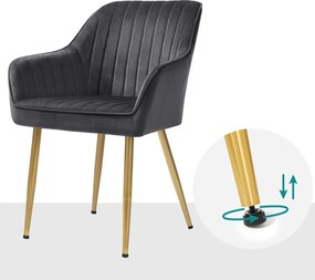 Jedálenská zamatová stolička s lakťovou opierkou, sivá a zlatá