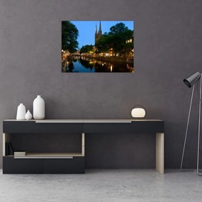 Sklenený obraz nočného historického mesta (70x50 cm)