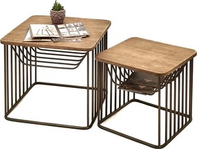 Granitový antik kovový odkladací stolík s drevenou doskou Sally - 53*53*44 / 42*42*38 cm
