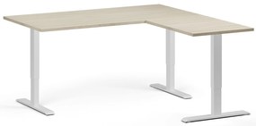 Rohový výškovo nastaviteľný stôl, 160x160 cm, 3 motory, L/P, biela podnož, dub prírodný