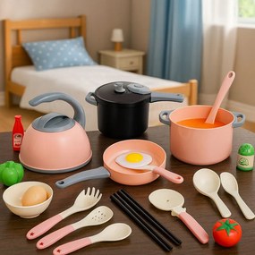 LEAN Toys Kuchynská súprava s hrncami a príslušenstvom na varenie, jedlo, ružová, 32 ks