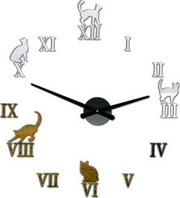 Nalepovacie hodiny na stenu mačky - DIY CAFORD: Čierna Ral 9005 Čierne ručičky 80 cm 3707-33361 12P020 2D CLOCK HEU-