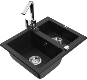 Mexen Carlos, 1,5-komorový granitový drez s odkvapkávačom 582x475x177 mm a chrómová kuchynská batéria Rita, čierna, 6518-77-670300-00