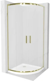 Mexen Rio, štvrťkruhový sprchovací kút s posuvnými dverami 80(dvere) x 80(dvere) x 190 cm, 6mm sklo námraza, zlatý profil + biela sprchová vanička SLIM, 863-080-080-50-30-4110G