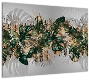 Sklenený obraz - Zlato-zelené tropické listy (70x50 cm)