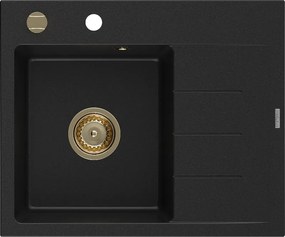 Mexen Ben, 1-komorový granitový drez 600x500x190 mm, ľavý + zlatý sifón, čierna, 6522605000-77-G