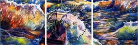 Obraz - Loď na oceánskych vlnách, aquarel (s hodinami) (90x30 cm)