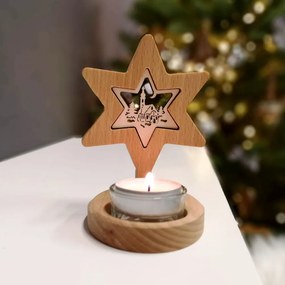 AMADEA Drevený svietnik hviezda s vkladom - kostol, masívne drevo, výška 10 cm