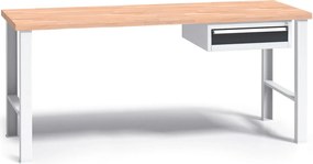 Pracovný stôl do dielne G3 so závesným boxom na náradie, buková škárovka, 1 zásuvka, pevné kovové nohy, 17000 mm, grafit