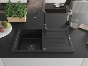 Mexen Bruno, granitový drez 795x495x200 mm, 1-komorový, čierna s čiernym sifónom, 6513791010-77-B