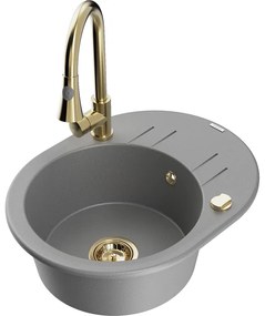 Mexen Kevin, 1-komorový granitový drez 586x458x190 mm a drezová batéria Elia, šedá, 6517-71-670101-50