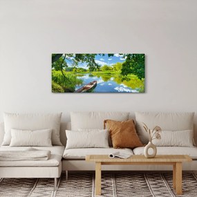 Obraz letné rieky s loďkou (120x50 cm)