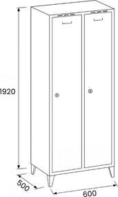 Plechová šatníková skrinka S8 na nohách, 2-dverová, 1950 x 600 x 500 mm, otočný zámok, červené dvere