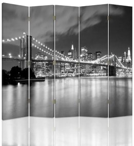 Ozdobný paraván Newyorský most Černobílý - 180x170 cm, päťdielny, klasický paraván