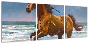 Obraz koňa na pláži (s hodinami) (90x30 cm)