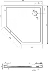 Mexen Flow Slim, päťuholníková sprchová vanička 80 x 80 cm, biela lesklá, 46P108080