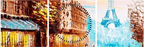 Obraz - Daždivého počasia a Eiffelovej veže (s hodinami) (90x30 cm)