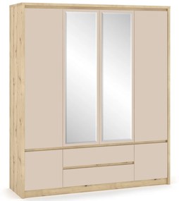 Štvordverová šatníková skriňa so zrkadlom Daicos W-4D2DRWS - dub artisan / champagne