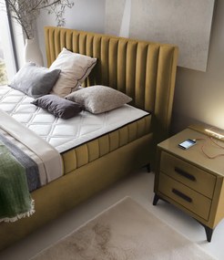 Nočný stolík s 2 zásuvkami Joy, horčicovo žltá látka