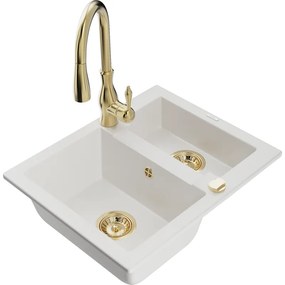 Mexen Carlos, 1,5-komorový granitový drez 582x475x177 mm a drezová batéria Savita, biela, 6518-20-672601-50