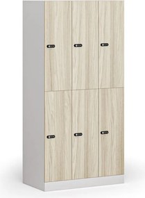 Šatníková skrinka S1 s úložnými boxmi, 6 boxov, 1850 x 900 x 500 mm, mechanický kódový zámok, laminované dvere, dub prírodný