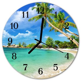 Sklenené hodiny okrúhle Plážové palmy fi 30 cm