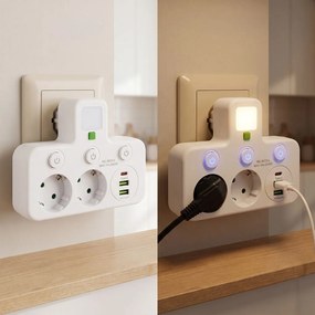 Toolight Toolight, JNH017, zásuvkový rozbočovač 2 zásuvky + 2× USB-A + USB-C s LED svetlom, biela, OSW-56309