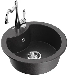 Mexen Diego, granitový drez 488x488x167 mm, 1-komorový a drezová batéria Carla, čierna škvrnitá, 6512-76-670700-00