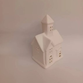DECOLED Keramický kostelíček, 7,5 x 6 x 12 cm, teple bílá