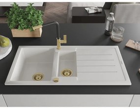 Mexen Andres, 1,5-komorový granitový drez 1000x500x200 mm a drezová batéria Flora, biela, 6515-20-670401-57-G