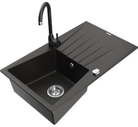 Mexen Cesar, 1-komorový granitový drez s odkvapkávačom 78x47 cm a kuchynskou batériou Telma, čierna-zlatá, 6514-75-670200-70