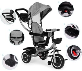 ECOTOYS Trojkolka 2v1 s otočným sedadlom + sklopná strieška - sivá