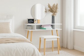 CH Biela retro toaletka s okrúhlym zrkadlom + stolička *5803