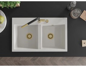 Mexen Hektor, 2-komorový granitový drez 800x480x205 mm, biela, zlatý sifón, 6521802000-20-G