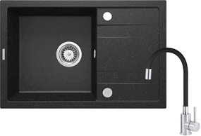 Deante Corio, granitový drez na dosku 670x440x175 mm + drezová batéria s flexi ramenom chrómová-čierna + 3,5" + priestorovo úsporný sifón, 1-komorový, grafitová, ZRCP2113
