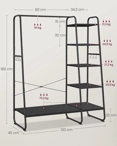 Vešiak na šaty 45 × 120 × 160 cm, vešiak a vešiak na topánky v jednom, ebenová čierna / matná čierna