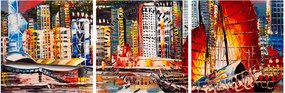 Obrázok - Victoria Harbor, Hong Kong, olejomaľba (s hodinami) (90x30 cm)