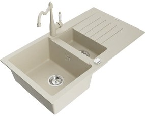 Mexen Matias, granitový drez 900x505x200 mm, 1,5-komorový a drezová batéria Carla, béžová, 6502-69-670700-69