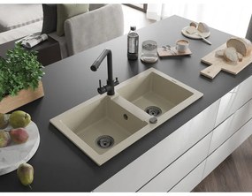 Mexen Mario, 2-komorový granitový drez 820x436x161 mm a čierna drezová batéria Duero, béžová, 6504-69-671600-70