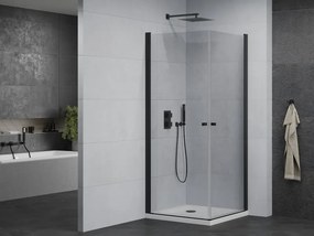 Mexen Pretoria Duo, sprchovací kút s 2-krídlovými dverami 80 (dvere) x 80 (dvere) cm, 6mm číre sklo, čierny profil + slim sprchová vanička 5cm biela s čiernym sifónom, 852-080-080-70-02-4010B