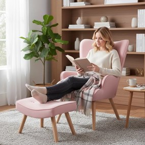 Kreslo ušiak CORDU + taburet — masív, látka, prírodná / ružová