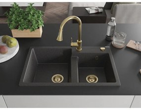 Mexen Tomas, 2-komorový granitový drez 800x500x190 mm a drezová batéria Elia, čierna škvrnitá, 6516-76-670101-50