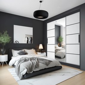Šatníková skriňa 200 cm Belini čierny mat / biely mat s posunými dverami zrkadlom a zásuvkami  MT SZP5/1/B/W/0/KLP