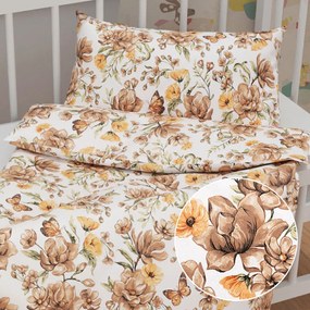 Biante Detské bavlnené posteľné obliečky do postieľky Sandra SA-458 Hnedé kvety magnólie s motýlikmi na bielom Do postieľky 100x135 a 40x60 cm