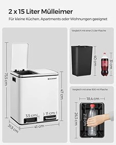 Odpadkový kôš s 2 priehradkami, 2x15 L, vzduchotesný, biely